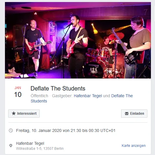 Facebook-Veranstaltung der Hafenbar Tegel für den 10. Januar 2020 mit einem Livefoto der Band