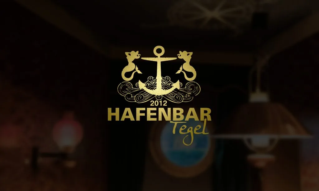 Logo der Hafenbar Tegel: goldener Anker mit zwei Seepferdchen