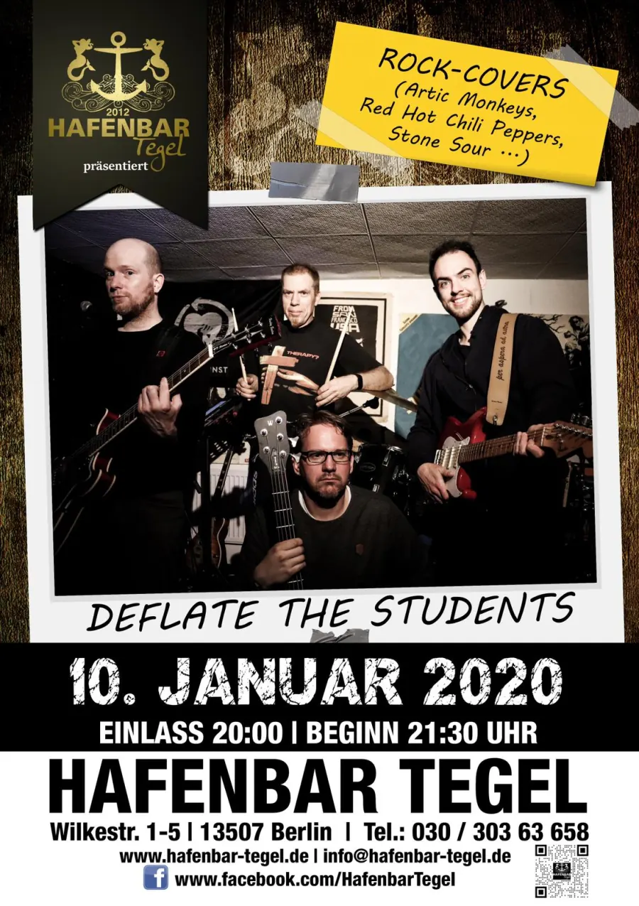 Plakat: Deflate The Students am 10. Januar 2020 in der Hafenbar Tegel, Einlass 20 Uhr, Beginn 21:30 Uhr