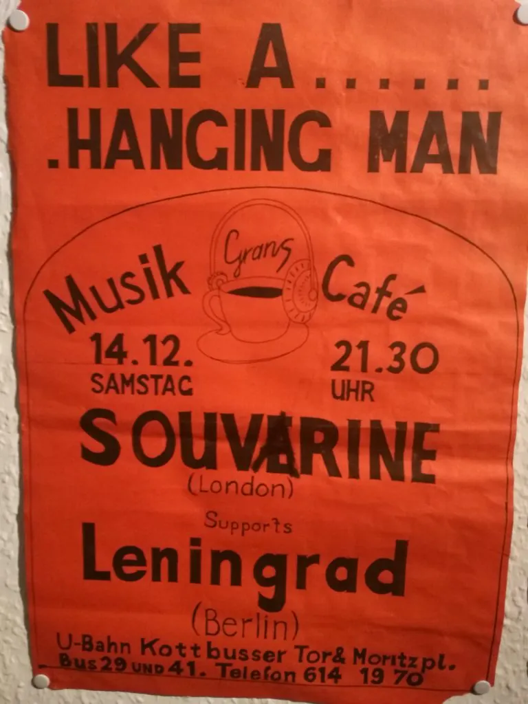 Rotes Plakat: Souvarine (London) mit Leningrad im Musik-Café, Samstag, 14. Dezember 1985, 21:30 Uhr