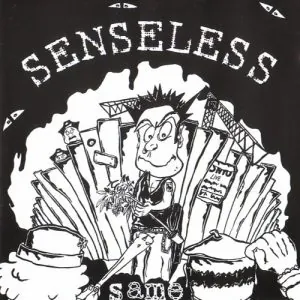Plattencover von Sensless – Same: ein gezeichneter Punk mit Stachelfrisur vor einer Stadtkulisse