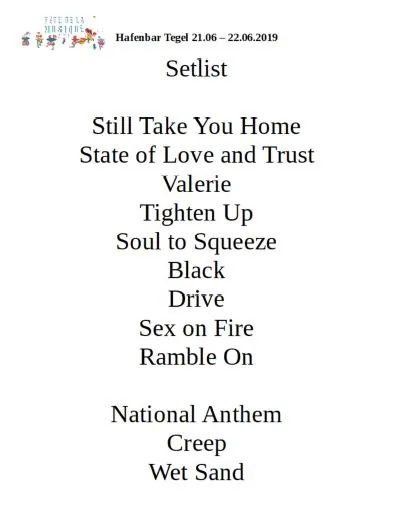 Setlist zur Fête de la Musique 2019: Still Take You Home bis Ramble On, Zugaben National Anthem, Creep und Wet Sand