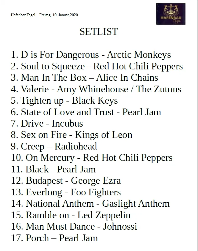 Setlist vom 10. Januar 2020 in der Hafenbar Tegel: 17 Songs von „D is for Dangerous“ bis „Porch“